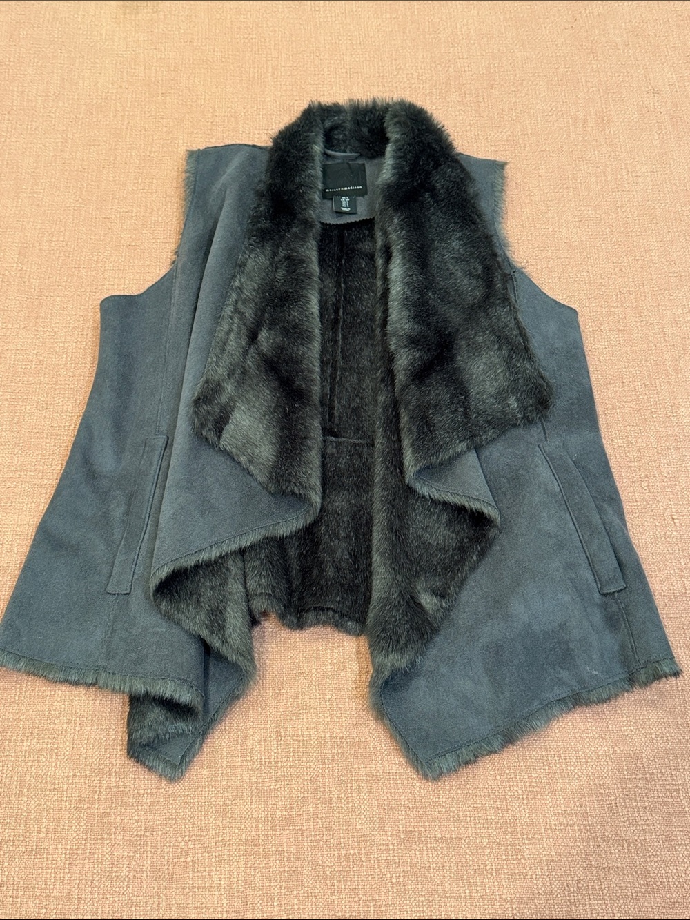 Grey Faux Fur-Trim faux Suede plush Vest with open draped front